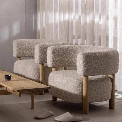 Contemporary Scandinavian Sherpa Fabric Solid Wood Curved Rounded Square Accent Chair With Armrests Backrest For Living Room