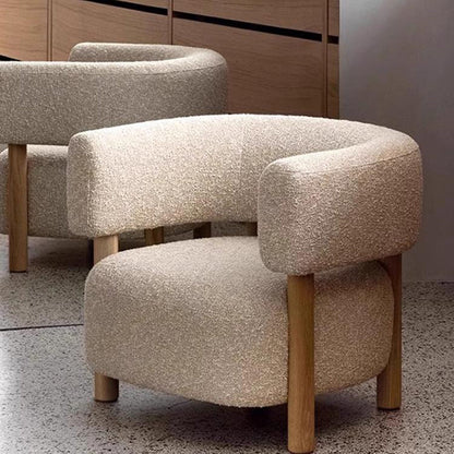 Contemporary Scandinavian Sherpa Fabric Solid Wood Curved Rounded Square Accent Chair With Armrests Backrest For Living Room