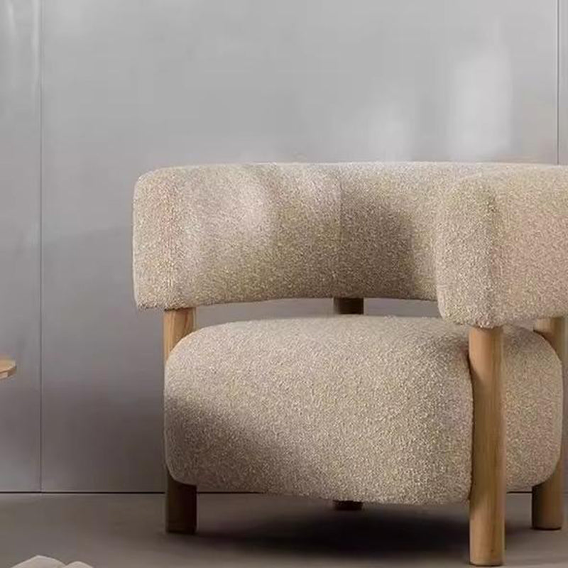 Contemporary Scandinavian Sherpa Fabric Solid Wood Curved Rounded Square Accent Chair With Armrests Backrest For Living Room