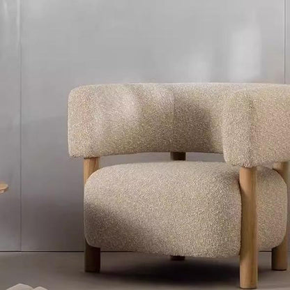 Contemporary Scandinavian Sherpa Fabric Solid Wood Curved Rounded Square Accent Chair With Armrests Backrest For Living Room