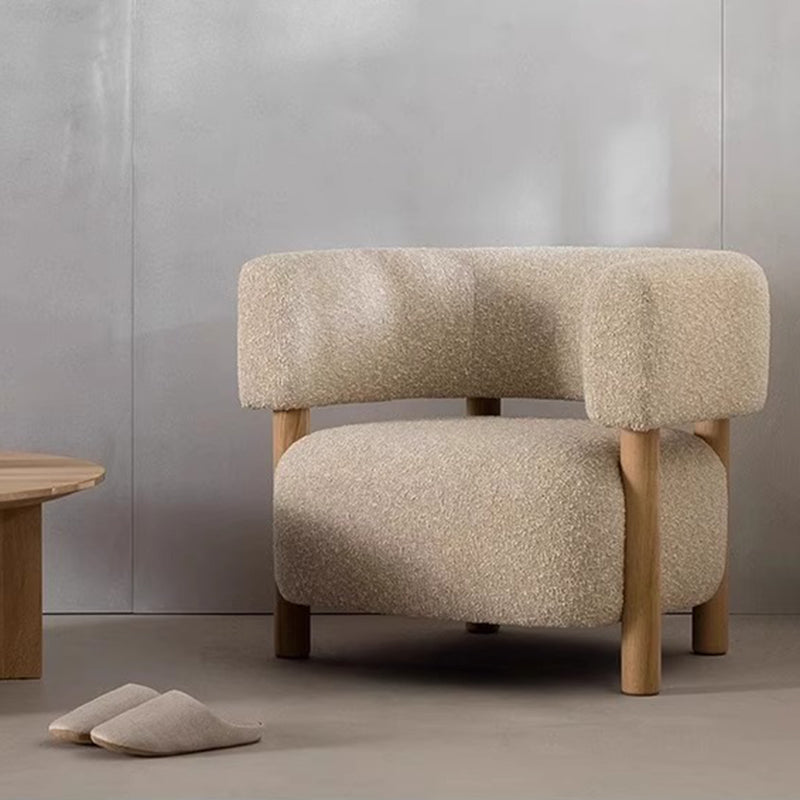 Contemporary Scandinavian Sherpa Fabric Solid Wood Curved Rounded Square Accent Chair With Armrests Backrest For Living Room