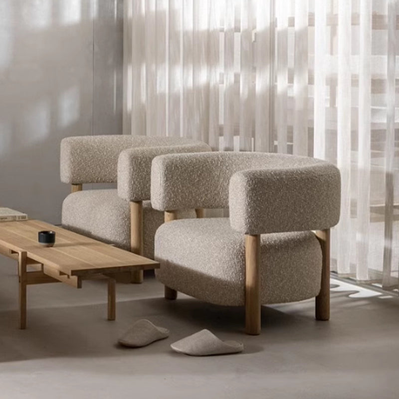Contemporary Scandinavian Sherpa Fabric Solid Wood Curved Rounded Square Accent Chair With Armrests Backrest For Living Room