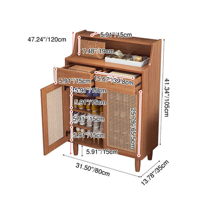Traditional Chinese Rubberwood Rattan Rectangular Openwork Storage Cabinet With 2 Drawers For Living Room