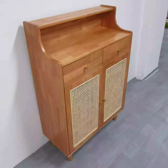 Traditional Chinese Rubberwood Rattan Rectangular Openwork Storage Cabinet With 2 Drawers For Living Room