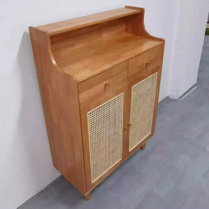 Traditional Chinese Rubberwood Rattan Rectangular Openwork Storage Cabinet With 2 Drawers For Living Room