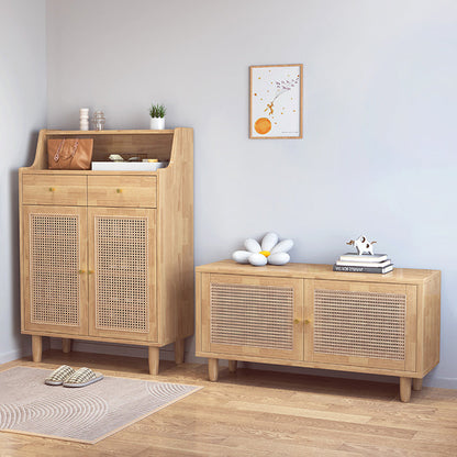 Traditional Chinese Rubberwood Rattan Rectangular Openwork Storage Cabinet With 2 Drawers For Living Room