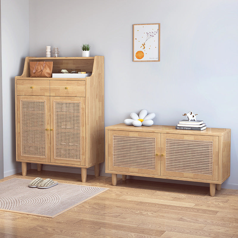 Traditional Chinese Rubberwood Rattan Rectangular Openwork Storage Cabinet With 2 Drawers For Living Room