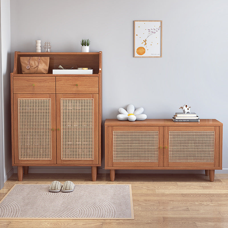Traditional Chinese Rubberwood Rattan Rectangular Openwork Storage Cabinet With 2 Drawers For Living Room