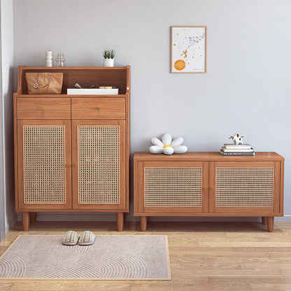 Traditional Chinese Rubberwood Rattan Rectangular Openwork Storage Cabinet With 2 Drawers For Living Room
