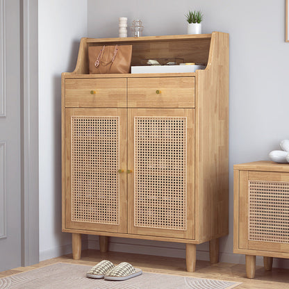 Traditional Chinese Rubberwood Rattan Rectangular Openwork Storage Cabinet With 2 Drawers For Living Room