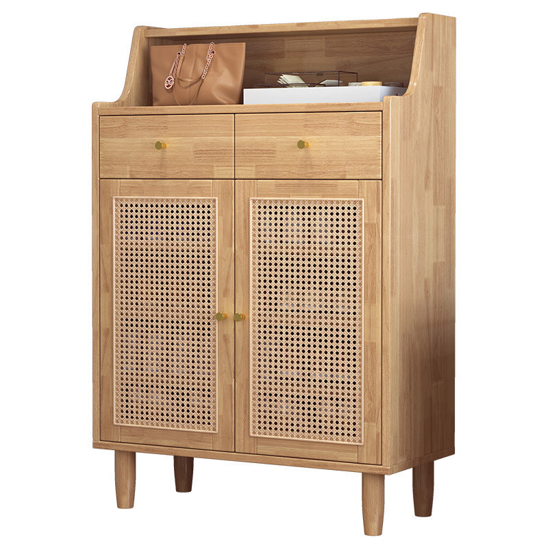 Traditional Chinese Rubberwood Rattan Rectangular Openwork Storage Cabinet With 2 Drawers For Living Room