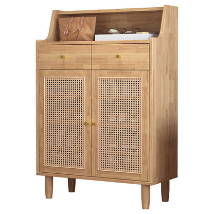 Traditional Chinese Rubberwood Rattan Rectangular Openwork Storage Cabinet With 2 Drawers For Living Room