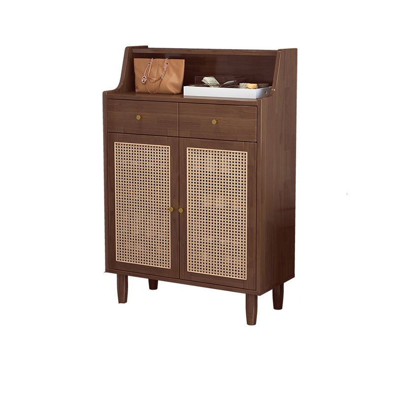Traditional Chinese Rubberwood Rattan Rectangular Openwork Storage Cabinet With 2 Drawers For Living Room