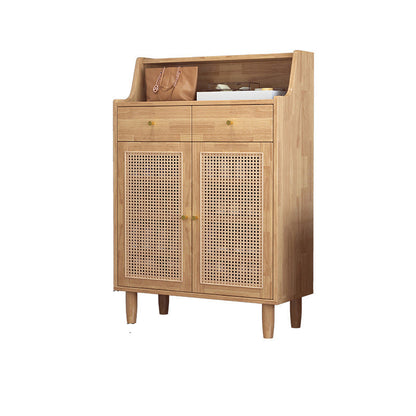 Traditional Chinese Rubberwood Rattan Rectangular Openwork Storage Cabinet With 2 Drawers For Living Room