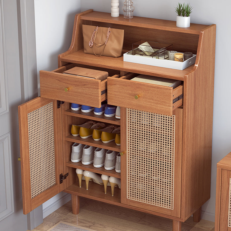 Traditional Chinese Rubberwood Rattan Rectangular Openwork Storage Cabinet With 2 Drawers For Living Room