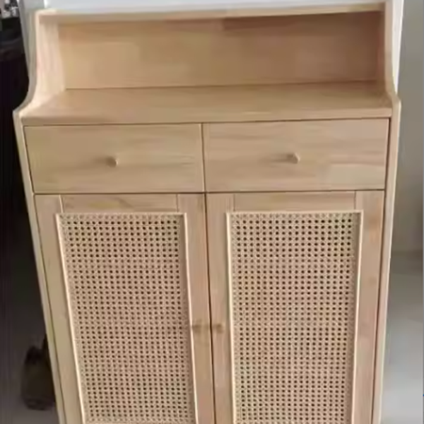 Traditional Chinese Rubberwood Rattan Rectangular Openwork Storage Cabinet With 2 Drawers For Living Room