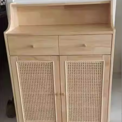 Traditional Chinese Rubberwood Rattan Rectangular Openwork Storage Cabinet With 2 Drawers For Living Room