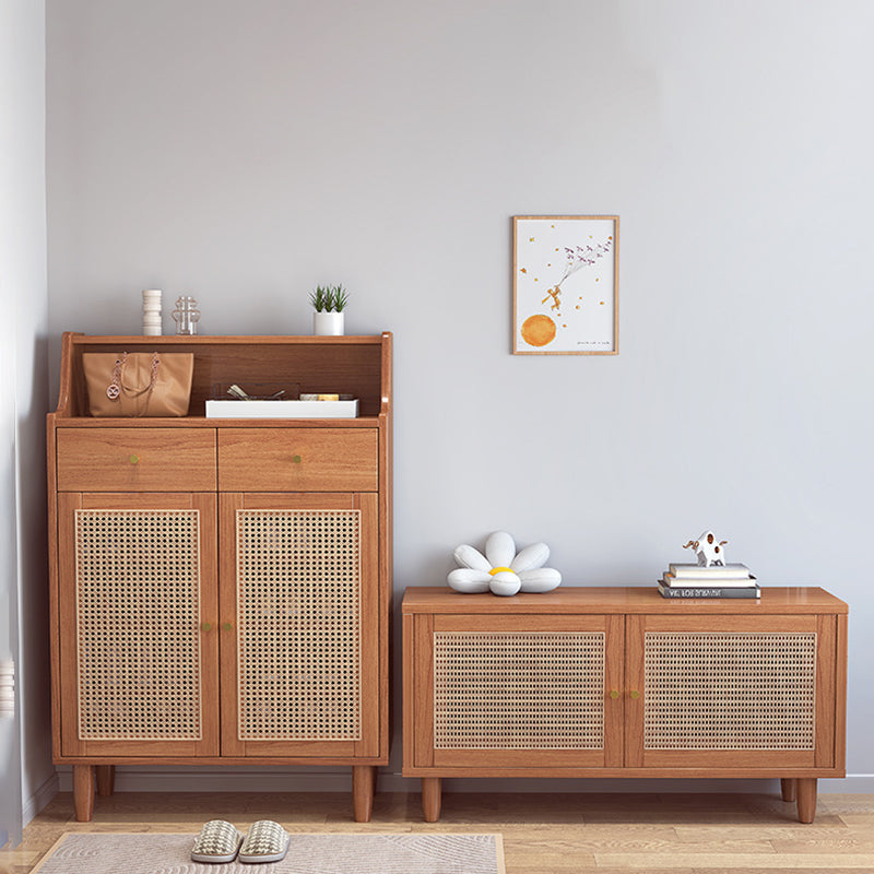 Traditional Chinese Rubberwood Rattan Rectangular Openwork Storage Cabinet With 2 Drawers For Living Room