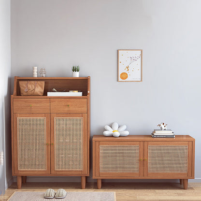 Traditional Chinese Rubberwood Rattan Rectangular Openwork Storage Cabinet With 2 Drawers For Living Room