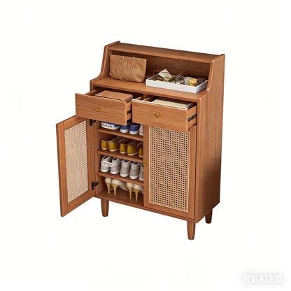 Traditional Chinese Rubberwood Rattan Rectangular Openwork Storage Cabinet With 2 Drawers For Living Room