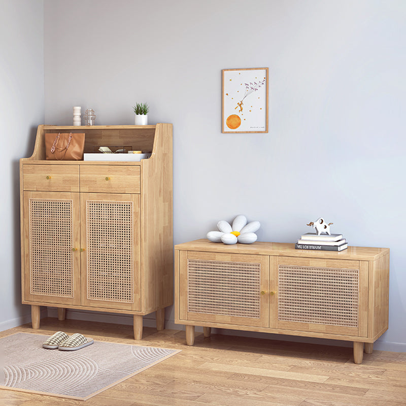 Traditional Chinese Rubberwood Rattan Rectangular Openwork Storage Cabinet With 2 Drawers For Living Room