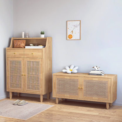 Traditional Chinese Rubberwood Rattan Rectangular Openwork Storage Cabinet With 2 Drawers For Living Room