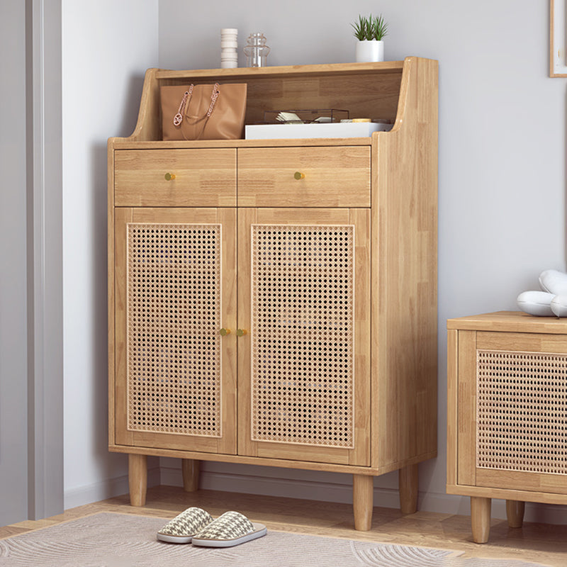 Traditional Chinese Rubberwood Rattan Rectangular Openwork Storage Cabinet With 2 Drawers For Living Room