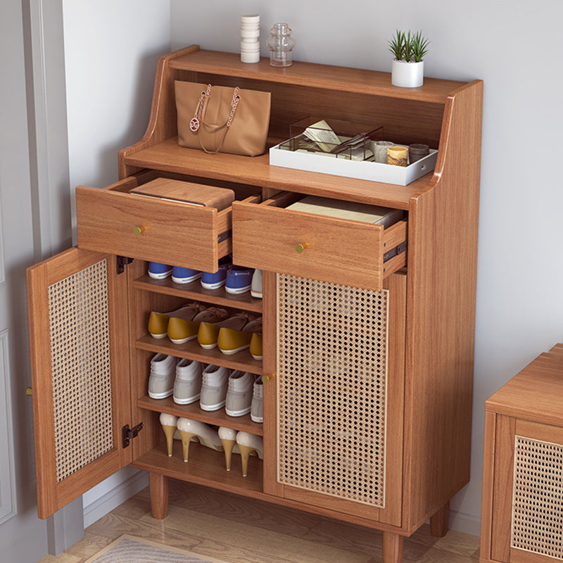 Traditional Chinese Rubberwood Rattan Rectangular Openwork Storage Cabinet With 2 Drawers For Living Room