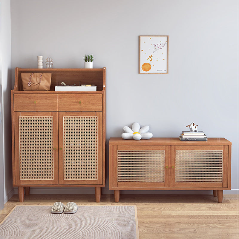 Traditional Chinese Rubberwood Rattan Rectangular Openwork Storage Cabinet With 2 Drawers For Living Room