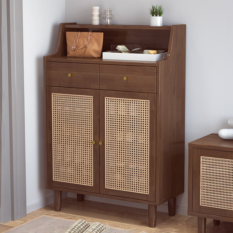 Traditional Chinese Rubberwood Rattan Rectangular Openwork Storage Cabinet With 2 Drawers For Living Room