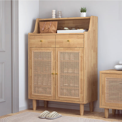 Traditional Chinese Rubberwood Rattan Rectangular Openwork Storage Cabinet With 2 Drawers For Living Room