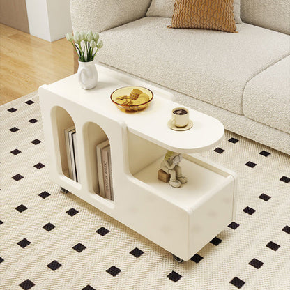 Contemporary Scandinavian Engineered Wood Arched Curved Square Mobile Coffee Table With 2-Tier Storage For Living Room