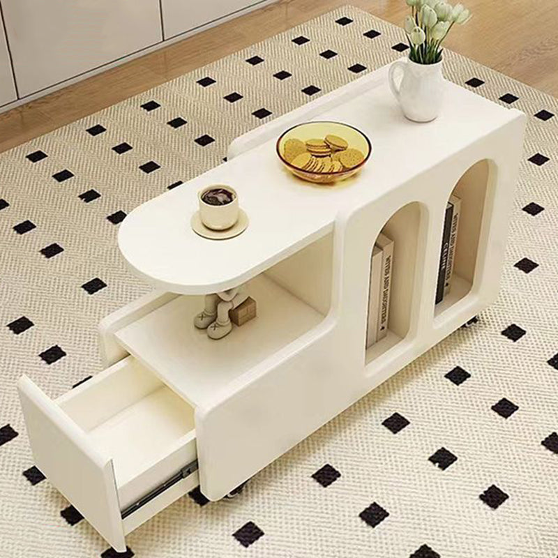 Contemporary Scandinavian Engineered Wood Arched Curved Square Mobile Coffee Table With 2-Tier Storage For Living Room