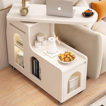 Contemporary Creative Particle Board Glass Arched Rectangular Mobile Coffee Table With 2-Tier For Living Room