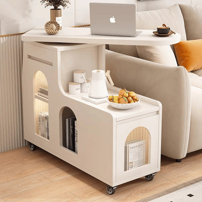 Contemporary Creative Particle Board Glass Arched Rectangular Mobile Coffee Table With 2-Tier For Living Room