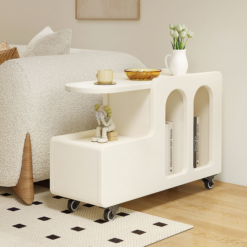 Contemporary Scandinavian Engineered Wood Arched Curved Square Mobile Coffee Table With 2-Tier Storage For Living Room