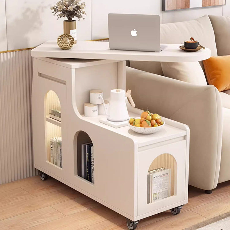 Contemporary Creative Particle Board Glass Arched Rectangular Mobile Coffee Table With 2-Tier For Living Room