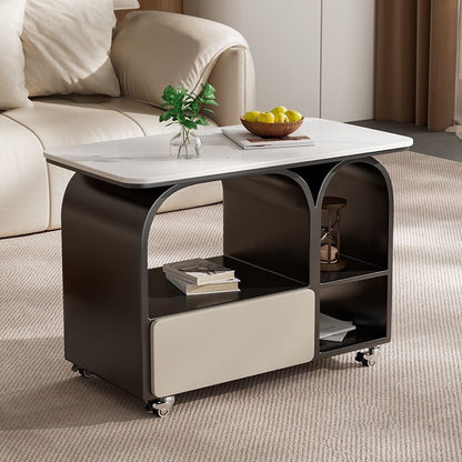 Contemporary Scandinavian Sintered Stone Iron Solid Wood Rounded Rectangular Mobile Coffee Table With 3-Tier For Living Room