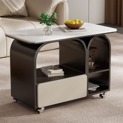 Contemporary Scandinavian Sintered Stone Iron Solid Wood Rounded Rectangular Mobile Coffee Table With 3-Tier For Living Room
