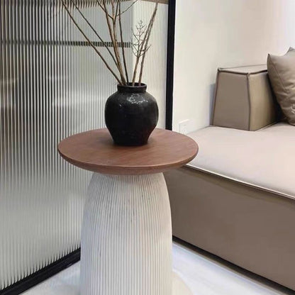 Contemporary Scandinavian Magnesium Oxide Round Textured Cylindrical Coffee Table 1-Tier For Living Room
