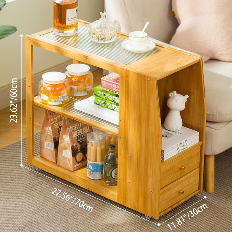Traditional Chinese Glass Bamboo Mobile Rectangular Coffee Table 3-Tier For Living Room