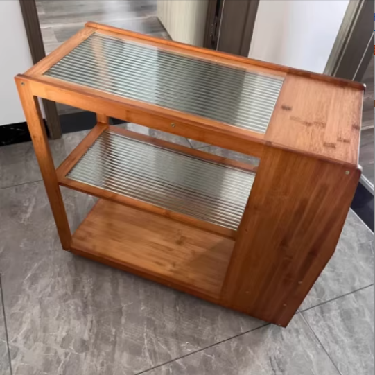 Traditional Chinese Glass Bamboo Mobile Rectangular Coffee Table 3-Tier For Living Room
