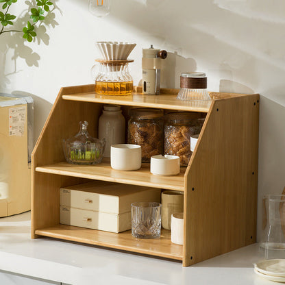 Traditional Vintage Bamboo Rattan Rounded Trapezoid Storage Shelf 2/3-Tier For Living Room