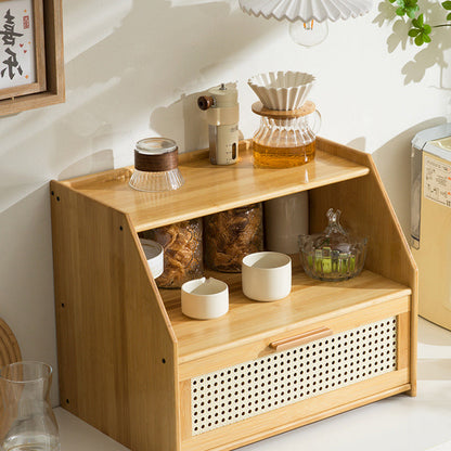 Traditional Vintage Bamboo Rattan Rounded Trapezoid Storage Shelf 2/3-Tier For Living Room