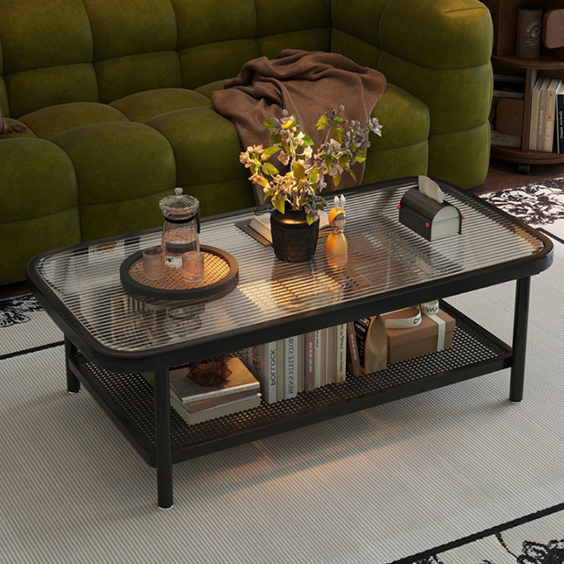 Traditional French Glass Iron Rounded Rectangular Coffee Table 2-Tier For Living Room