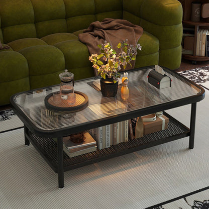 Traditional French Glass Iron Rounded Rectangular Coffee Table 2-Tier For Living Room