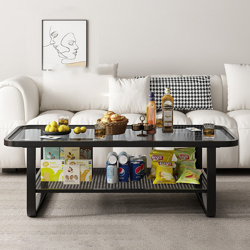 Traditional French Glass Iron Rounded Rectangular Coffee Table 2-Tier For Living Room