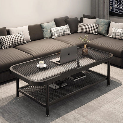 Traditional French Glass Iron Rounded Rectangular Coffee Table 2-Tier For Living Room