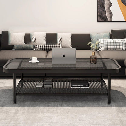 Traditional French Glass Iron Rounded Rectangular Coffee Table 2-Tier For Living Room