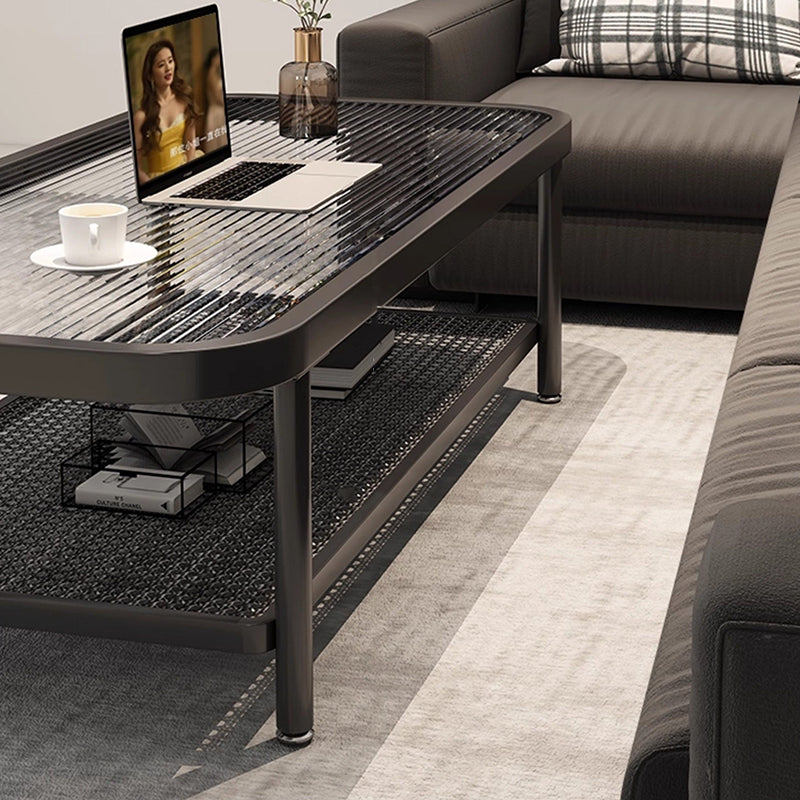 Traditional French Glass Iron Rounded Rectangular Coffee Table 2-Tier For Living Room